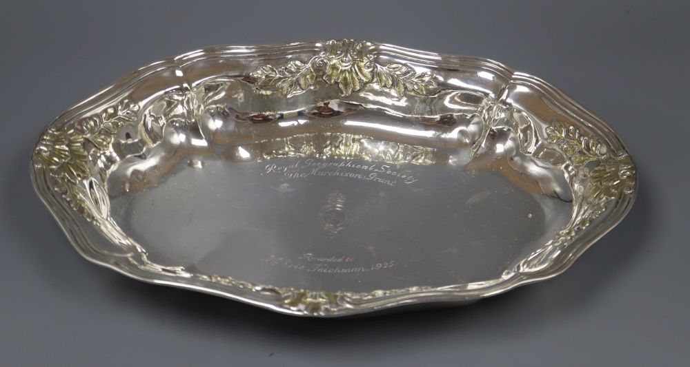 A George V parcel gilt silver shaped oval presentation bowl, Harman & Co, London, 1924, 40.3cm, 27oz.